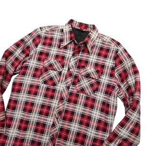 Vintage Career Club Shirt Mens Large Red Plaid Flannel Lined Snap USA Workwear
